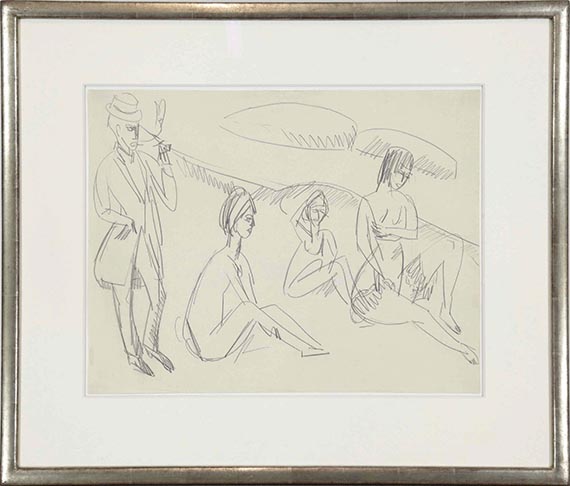 Ernst Ludwig Kirchner - Drei sitzende nackte Mädchen und Pfeife rauchender Maler am Strand - Cornice