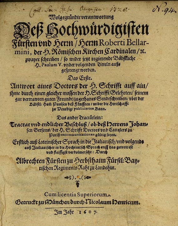 Bellarminus, R. - Wolgegründte Verantwortung, 1607
