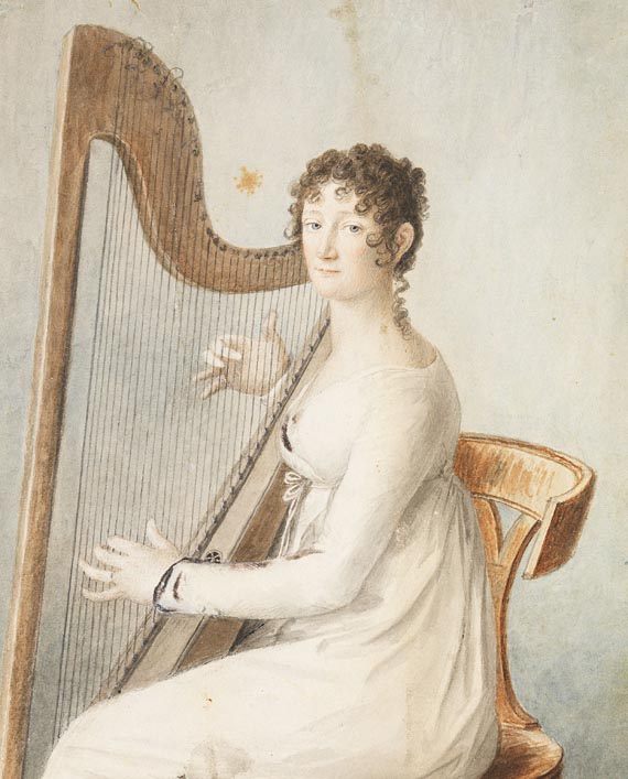 Peter Ferdinand Deurer - Zugeschrieben - Porträt einer Dame, Harfe spielend