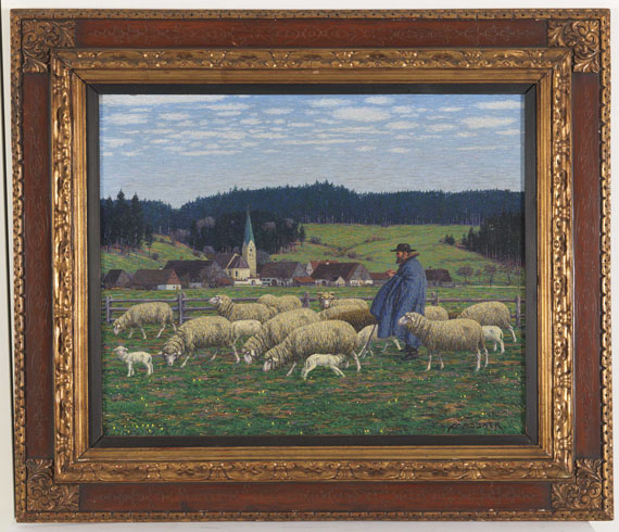 Josef Madlener - Hirte mit seinen Schafen am Dorfrand - Cornice