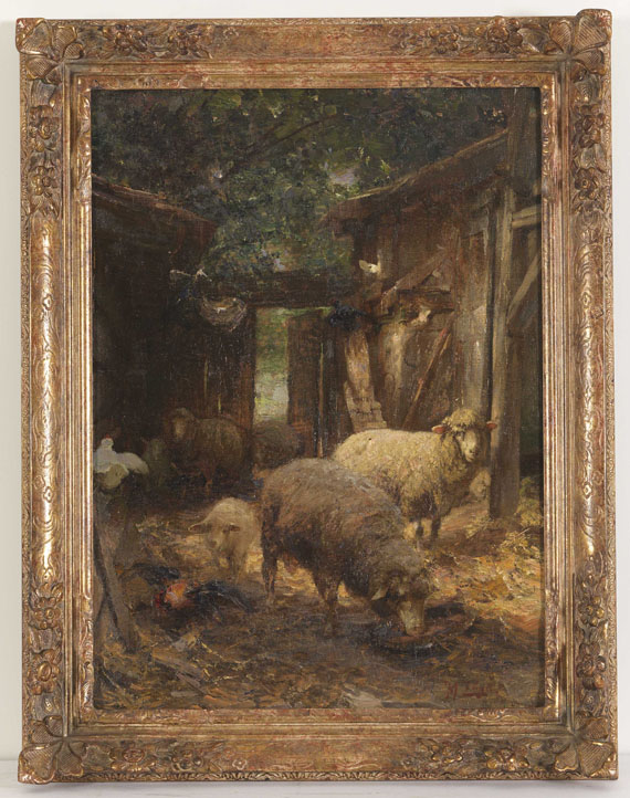 Heinrich von Zügel - Schafe und Lämmer beim Hühnerstall - Cornice