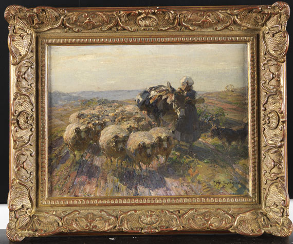 Heinrich von Zügel - Schafherde mit Hirtin und Esel auf dem Feld - Cornice