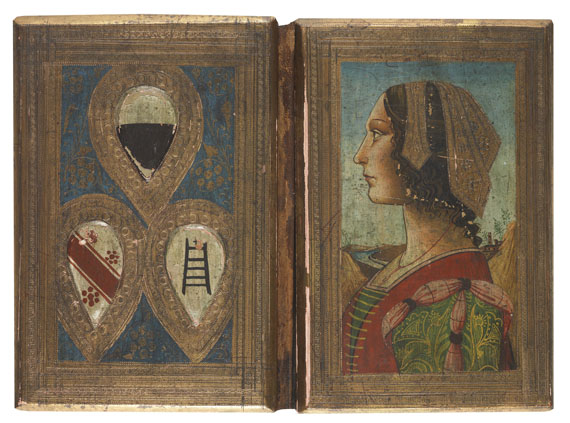 Einbandmalerei - Bucheinbanddeckel mit Portrait- u. Wappenmalerei