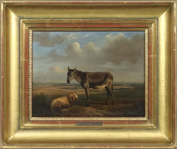 Adolphe Malherbe - Schaf und Esel vor weiter Landschaft - Cornice