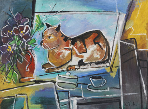 Franz Xaver Fuhr - Katze am Fenster mit Blumenvase