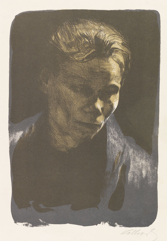 Käthe Kollwitz - Brustbild einer Arbeiterfrau mit blauem Tuch