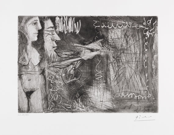 Pablo Picasso - Peintre et sa toile, avec une spectatrice nue de profil