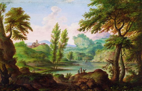 Flämischer Meister - Landschaft mit kleinen Figuren und Burg