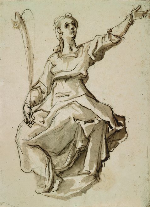 Italienisch - Sitzende Heilige mit Palmenzweig und ausgestrecktem Arm