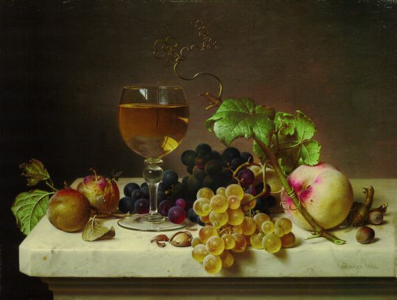 Johann Wilhelm Preyer - Stillleben mit Weinglas und Früchten