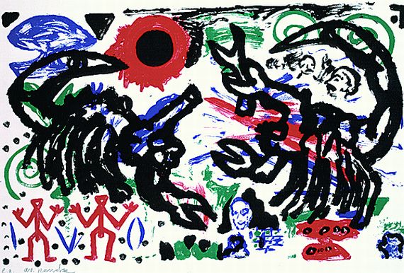 A.R. (d.i. Ralf Winkler) Penck - 2 Bll.: Darstellung Saxophonist. Löwe, Kampf der Skorpione