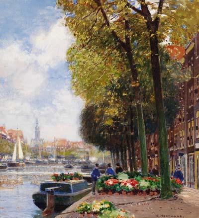 Heinrich Hermanns - Blumenmarkt in Amsterdam mit dem Munt Turm
