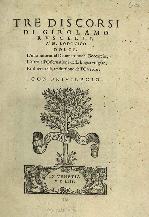 Girolamo Ruscelli - Tre discorsi. 1553.