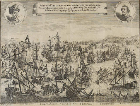  Türkei - Delineatio Pugnae navalis ... Abbildung de Victorise See-Schlacht der Venetianer gegen den Türcken, geschehen in Asien im Haven Fodiae ... 1649.