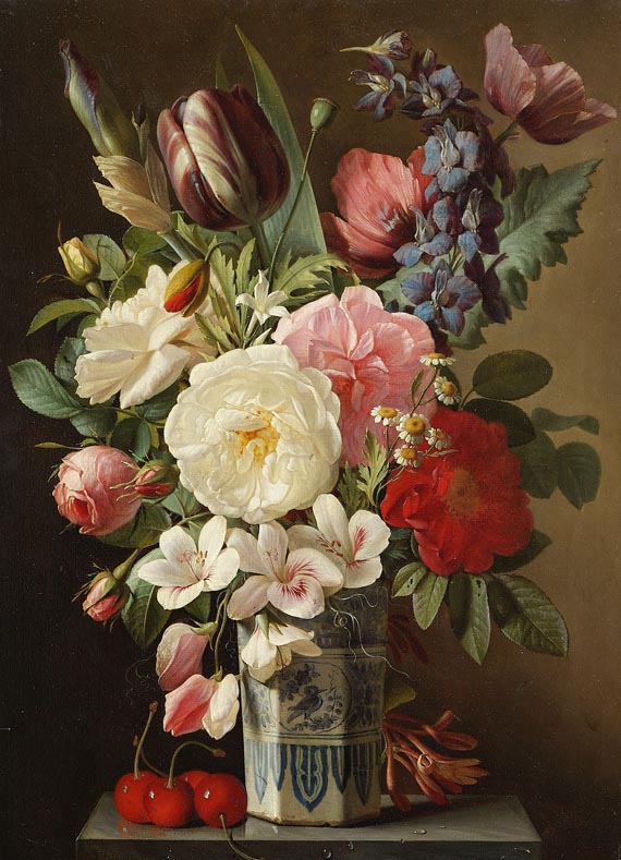 Augustin Alexandre Thierriat - Blumenstillleben mit Rosen und Tulpen in einer Delfter Vase