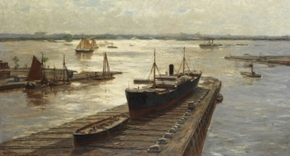 Erwin C. W. Günther - Weiträumige Hafenlandschaft mit Trockendock