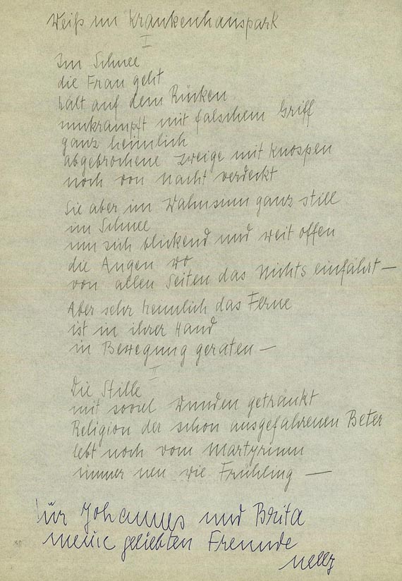 Nelly Sachs - 2 Briefe, 1 Aquarell, 1 Gedicht-MS, zus. 4 Tle.