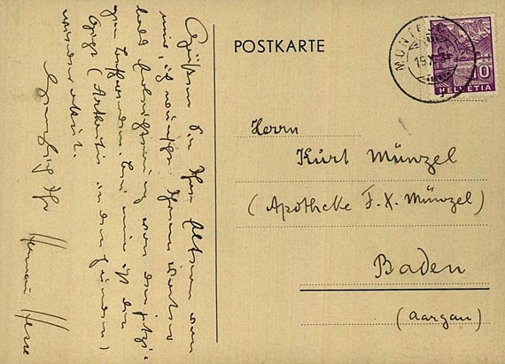 Hermann Hesse - Eigh. Postkarte an K. Münzel. 1931.
