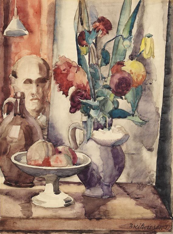 Georg Breitwieser - Stillleben mit Blumenvase und Obstschale