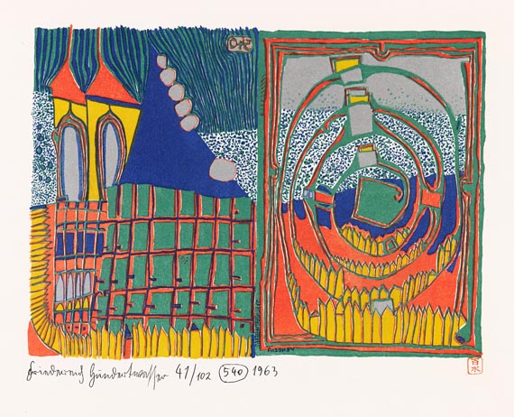 Friedensreich Hundertwasser - Haus und Spirale im Regen