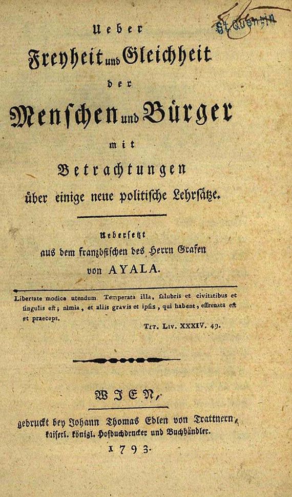 Ayala, S. de - Ueber Freyheit und Gleichheit. 1793