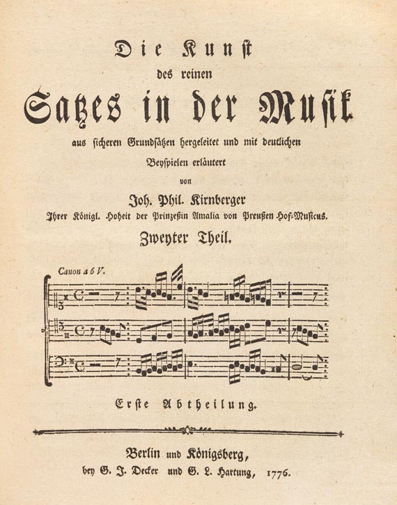  Musik - Kirnberger, Johann Phillip, Die Kunst der Musik 1774, 2 Tle. + Anhang