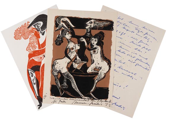 Karl Heinz Hansen-Bahia - Sammlung von Autographen, masch. Briefen u. Karten sowie Holzschnitten. Zus. ca. 200 Tle. 1962-1977. - Altre immagini