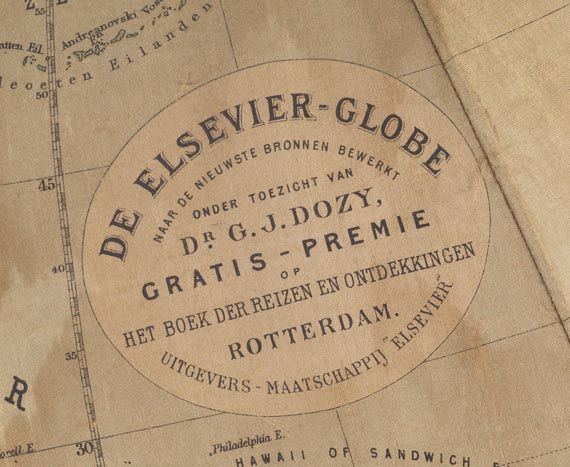  Elsevier - Globus auf Drahtspinne, aufspannbar. In Orig.-Holzkasten. 1881.