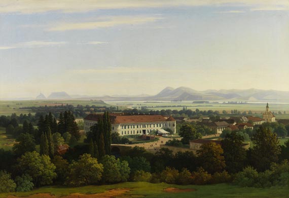 Thomas Ender - Blick auf das Dorf Pruské mit dem Schloss der gräflichen Familie Königsegg-Aulendorf und der Kirche St. Peter und Paul im Waagtal, in der Nähe der heutigen Stadt Ilava, in der nordwestlichen Slowakei