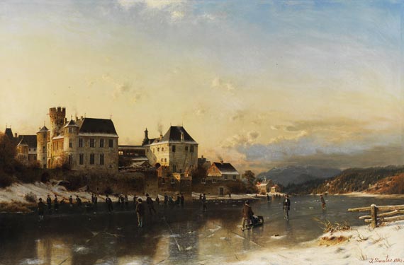 Johannes Bartholomäus Duntze - Flusslandschaft mit Winterfreuden am Schloß