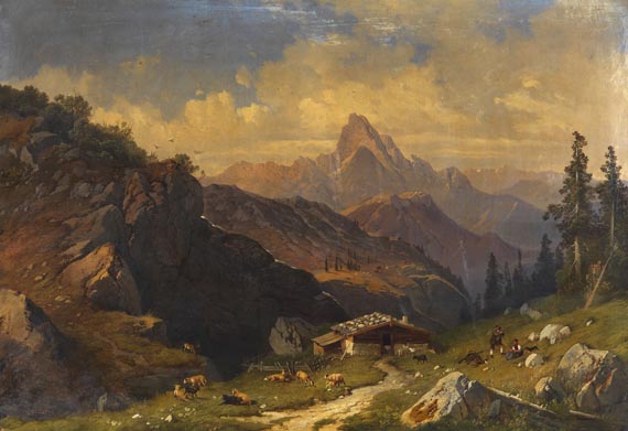 Carl Millner - Hochgebirgslandschaft mit Almhütte und Hirten