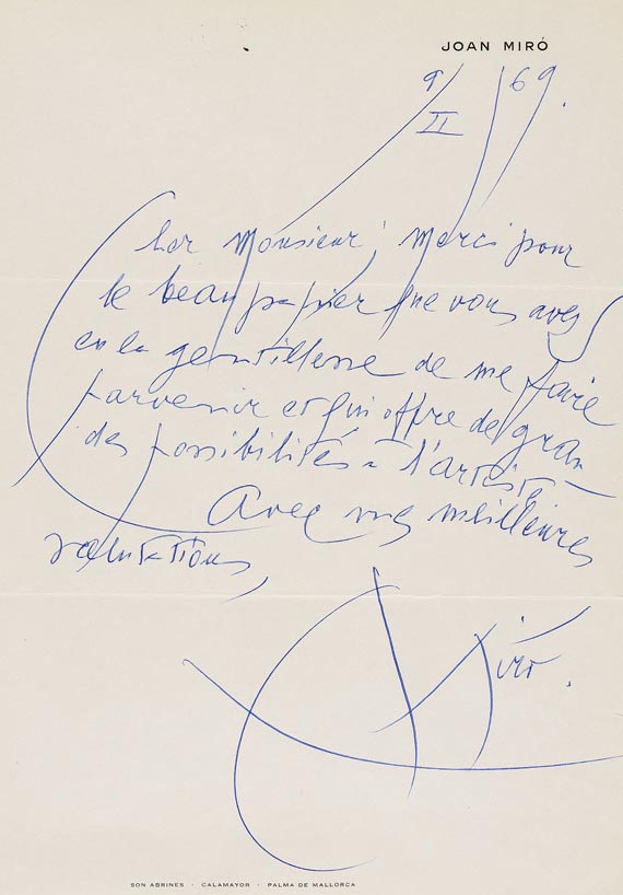 Joan Miró - 1 Autograph. 1969.