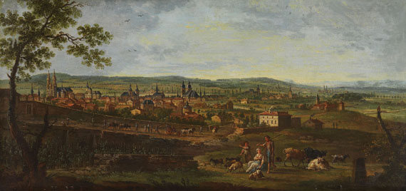 Jean-Baptiste Claudot - Zugeschrieben -  Stadtpanorama in weitem Flusstal (Lothringen?)