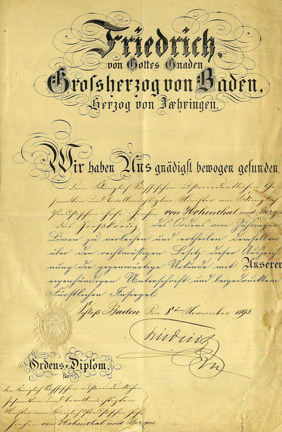 Friedrich I. von Baden - Urkunde mit eigh. Unterschrift. 1893.