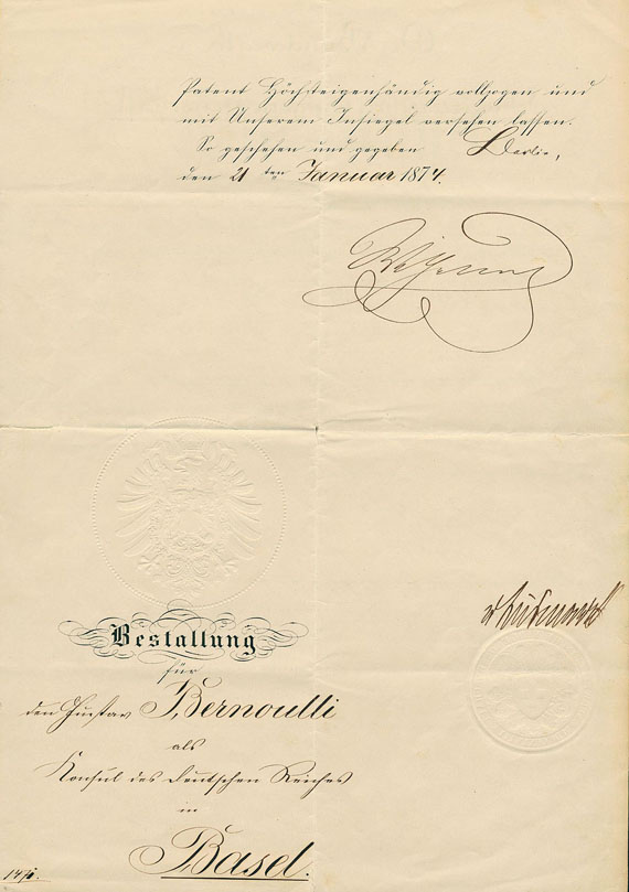 Wilhelm I. - Bestallungsurkunde m. U. Wilhelm I. und Bismarck. 1874.