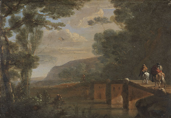 Willem de Heusch - Zugeschrieben - Kleine Flusslandschaft mit Reitern und Schafhirte auf einer Brücke