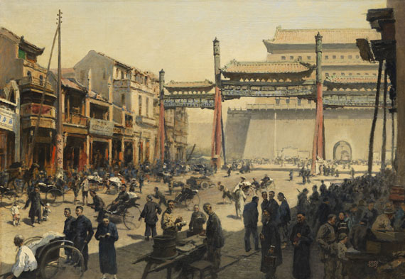 Erich Kips - Belebte Pekinger Straßenszene vor dem Quianmen Tor