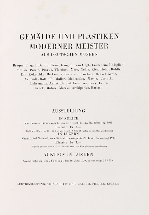   - Auktionskatalog, Gemälde und Plastiken moderner Meister aus deutschen Museen. 1939. - Altre immagini