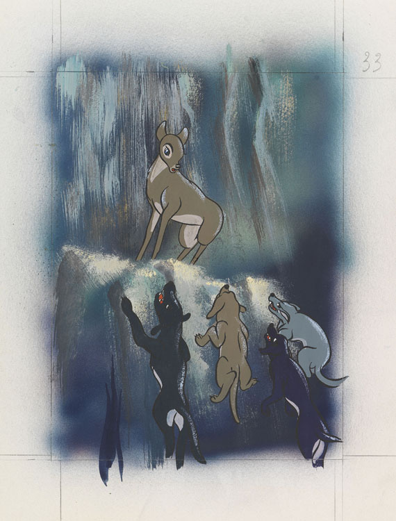 Walt Disney Studios - Gouache-Entwürfe zu "Bambi" für Tobler Chocolat. 32 Abb. von 41. + 2 Beigaben. 1950