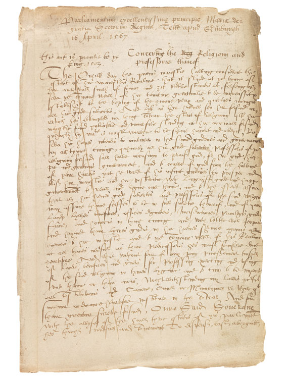 Mary Stuart - Ms. Parliament document (contemp. copy). Edinburgh 1567.