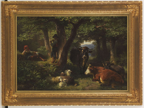 Friedrich Voltz - Hirtenkinder im Wald mit Kühen und Schafen - Cornice