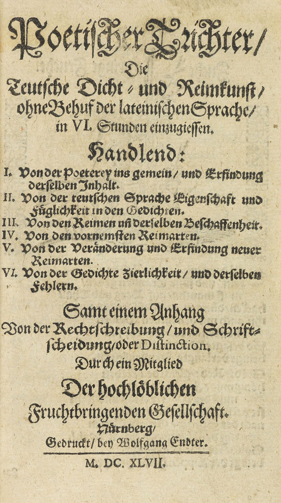 Georg Philipp Harsdörffer - Poetischer Trichter. 1647. - Angeb.: Opitz, Prosodia Germanica. - Altre immagini