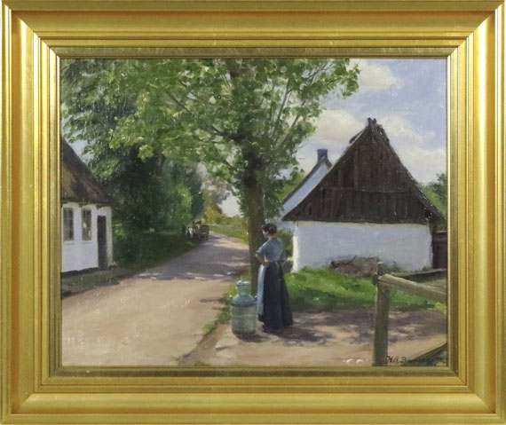 Hans Andersen Brendekilde - Dänische Dorfstraße mit Bäuerin und Milchmann - Cornice