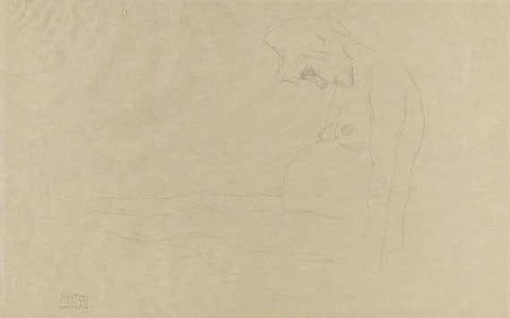 Gustav Klimt - Mit ausgestreckten Beinen nach links sitzende nackte Schwangere, Studie zu "Hoffnung II"