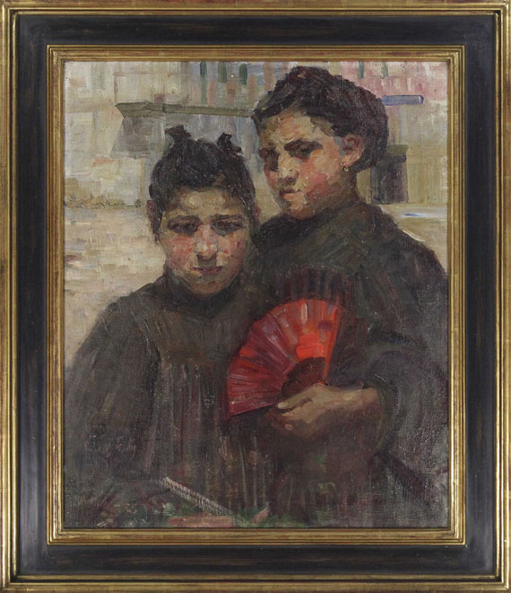 Gertraud Rostosky - Porträt zweier Mädchen mit kirschrotem Fächer - Cornice