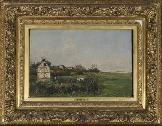 Jean-Baptiste Antoine Guillemet - Landschaft mit Fachwerkhaus und Bäuerin - Cornice