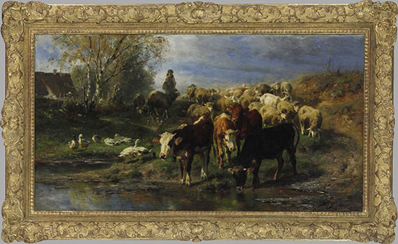 Anton Braith - Hirtenmädchen mit Rindern, Schafen und Gänsen - Cornice