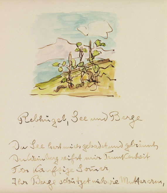 Hermann Hesse - Rebhügel, See und Berge. Eigenhändiges Gedicht mit Orig.-Aquarell