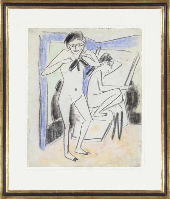 Ernst Ludwig Kirchner - Sitzende mit großem Hut, Emy Frisch / Szene im Atelier (Fränzi (Marzella) und Artistin) - Cornice