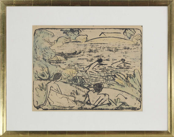 Otto Mueller - Badeszene mit vier Figuren, Haus und Boot - Cornice